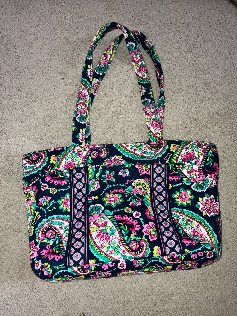 Vera Bradley Navy Floral Paisley Quilted Shoulder Tote with Pink & Green Accents